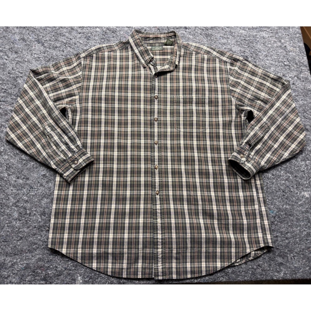 LL Bean Mens XL Regular Plaid Button Down Shirt Green Tan Cotton Long Sleeve